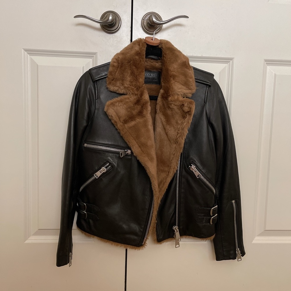 ALLSAINTS Higgens real black leather jacket with brown faux fur